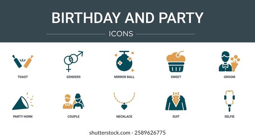 set of 10 outline web birthday and party icons such as toast, genders, mirror ball, sweet, groom, party horn, couple vector icons for report, presentation, diagram, web design, mobile app