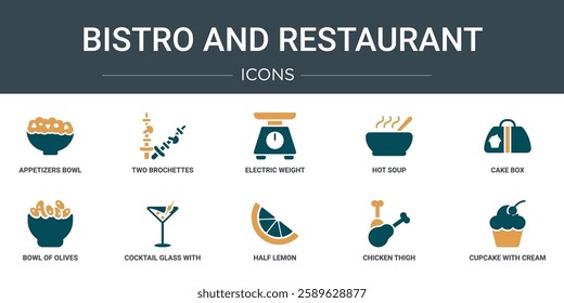 set of 10 outline web bistro and restaurant icons such as appetizers bowl, two brochettes, electric weight scale, hot soup, cake box, bowl of olives, cocktail glass with ice cube vector icons for