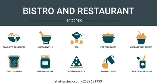 set of 10 outline web bistro and restaurant icons such as spaghetti bolognese, mortar with e, tea, pot with cover, cupcake with cherry, toasted bread, mermelade jar vector icons for report,