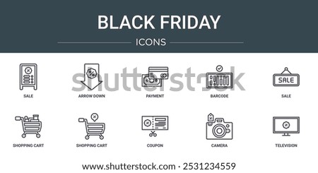 set of 10 outline web black friday icons such as sale, arrow down, payment, barcode, sale, shopping cart, shopping cart vector icons for report, presentation, diagram, web design, mobile app