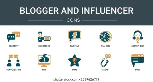 set of 10 outline web blogger and influencer icons such as comment, camcorder, hashtag, film reel, microphone, conversation, fire vector icons for report, presentation, diagram, web design, mobile