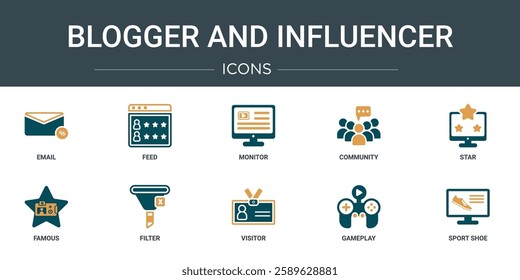 set of 10 outline web blogger and influencer icons such as email, feed, monitor, community, star, famous, filter vector icons for report, presentation, diagram, web design, mobile app
