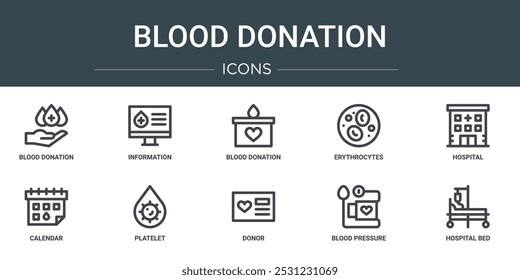 conjunto de 10 esboços de ícones de doação de sangue na web, tais como doação de sangue, informações, doação de sangue, eritrócitos, hospital, calendário, plaquetas ícones vetoriais para relatório, apresentação, diagrama, web design,