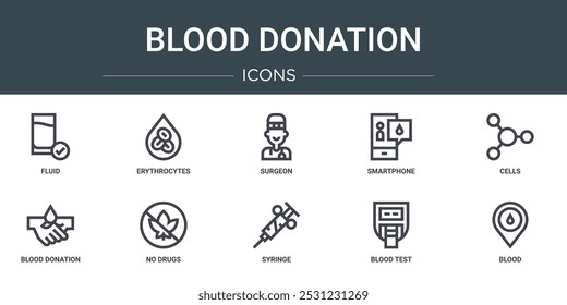 conjunto de 10 delinear web ícones de doação de sangue, como fluido, eritrócitos, cirurgião, smartphone, células, doação de sangue, sem drogas ícones vetoriais para relatório, apresentação, diagrama, web design, aplicativo móvel