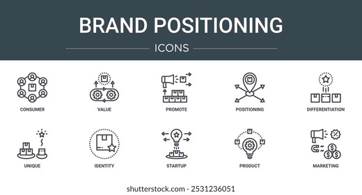 conjunto de 10 ícones de posicionamento da marca da web da estrutura de tópicos como consumidor, valor, promover, posicionamento, diferenciação, exclusivo, ícones de vetor de identidade para relatório, apresentação, diagrama, web design, aplicativo móvel