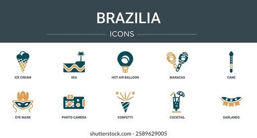 set of 10 outline web brazilia icons such as ice cream, sea, hot air balloon, maracas, cane, eye mask, photo camera vector icons for report, presentation, diagram, web design, mobile app