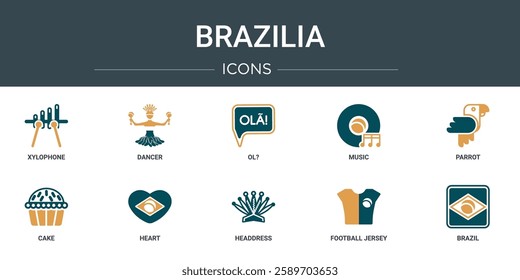 set of 10 outline web brazilia icons such as xylophone, dancer, ol?, music, parrot, cake, heart vector icons for report, presentation, diagram, web design, mobile app