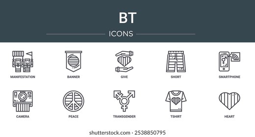 set of 10 outline web bt icons such as manifestation, banner, give, short, smartphone, camera, peace vector icons for report, presentation, diagram, web design, mobile app