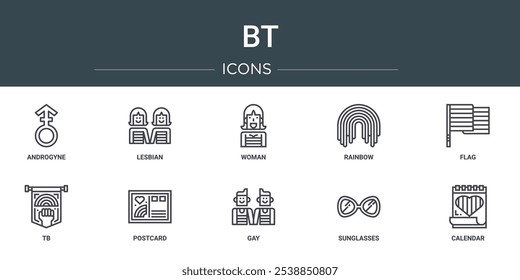 Satz von 10 Umriss Web-bt-Symbole wie androgyne, lesbisch, Frau, Regenbogen, Flagge, tb, Postkarte, Vektorsymbole für Bericht, Präsentation, Diagramm, Web-Design, mobile App