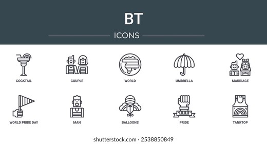 set of 10 outline web bt icons such as cocktail, couple, world, umbrella, marriage, world pride day, man vector icons for report, presentation, diagram, web design, mobile app