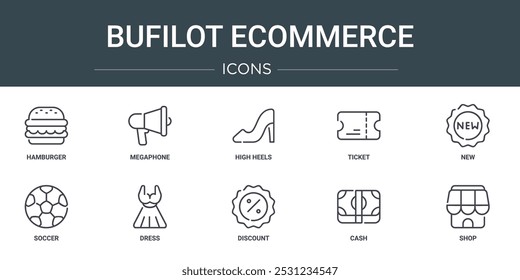 set of 10 outline web bufilot ecommerce icons such as hamburger, megaphone, high heels, ticket, new, soccer, dress vector icons for report, presentation, diagram, web design, mobile app