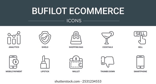 conjunto de 10 tópicos web bufilot ícones de comércio eletrônico, como análise, escudo, saco de compras, coquetéis, vender, pagamento móvel, batom ícones vetoriais para relatório, apresentação, diagrama, web design, celular