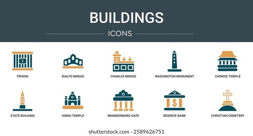 set of 10 outline web buildings icons such as prison, rialto bridge, charles bridge, washington monument, chinese temple, state building, hindu temple vector icons for report, presentation, diagram,