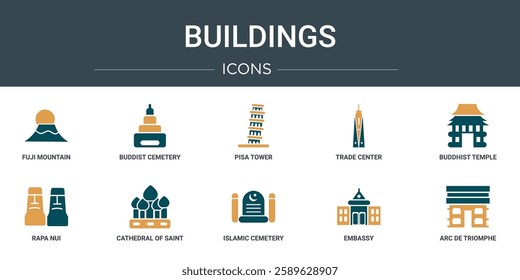 set of 10 outline web buildings icons such as fuji mountain, buddist cemetery, pisa tower, trade center, buddhist temple, rapa nui, cathedral of saint basil vector icons for report, presentation,