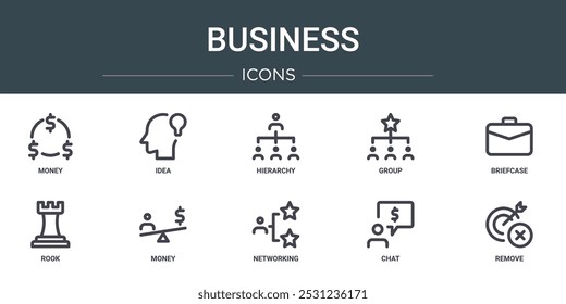 set of 10 outline web business icons such as money, idea, hierarchy, group, briefcase, rook, money vector icons for report, presentation, diagram, web design, mobile app