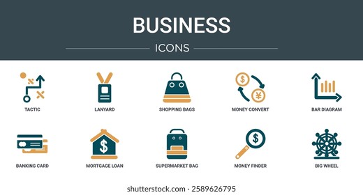 set of 10 outline web business icons such as tactic, lanyard, shopping bags, money convert, bar diagram, banking card, mortgage loan vector icons for report, presentation, diagram, web design,