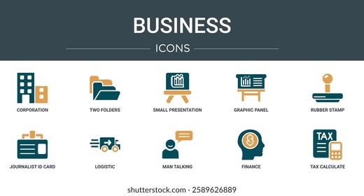 set of 10 outline web business icons such as corporation, two folders, small presentation board, graphic panel, rubber stamp, journalist id card, logistic vector icons for report, presentation,