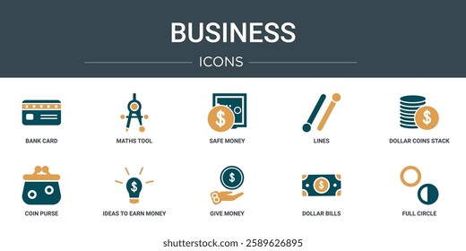 set of 10 outline web business icons such as bank card, maths tool, safe money, lines, dollar coins stack, coin purse, ideas to earn money vector icons for report, presentation, diagram, web design,