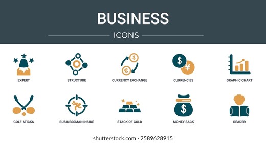 set of 10 outline web business icons such as expert, structure, currency exchange, currencies, graphic chart, golf sticks, businessman inside a ball vector icons for report, presentation, diagram,