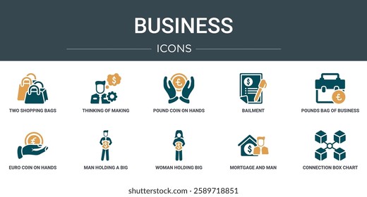 set of 10 outline web business icons such as two shopping bags, thinking of making money, pound coin on hands, bailment, pounds bag of business, euro coin on hands, man holding a big coin vector