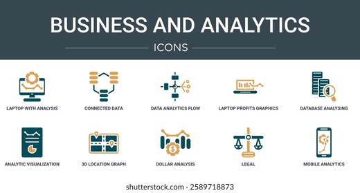 set of 10 outline web business and analytics icons such as laptop with analysis, connected data, data analytics flow, laptop profits graphics, database analysing, analytic visualization, 3d location