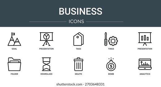 Satz von 10 Umriss Web-Business-Symbole wie Ziel, Präsentation, Tags, Bilder, Präsentation, Ordner, Sanduhr, Vektorsymbole, Zeichen und Symbole