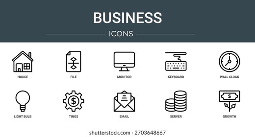Satz von 10 Umriss Web-Business-Symbole wie Haus, Datei, Monitor, Tastatur, Wanduhr, Glühbirne, Bilder, Vektorsymbole, Zeichen und Symbole