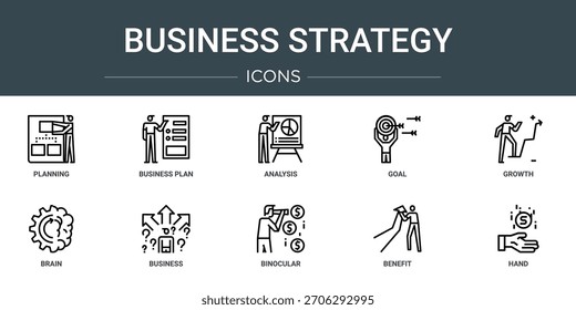 Conjunto de 10 iconos de estrategia de negocios de Web de esquema como planificación, Plan de negocios, análisis, objetivo, crecimiento, cerebro, iconos de vectores de negocios, signos y símbolos