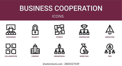 Set of 10 outline web Business Cooperation icons such as find, money bag, hierarchical, company, collaboration, innovation, Cooperation vector icons for report, presentation, diagram, web design,
