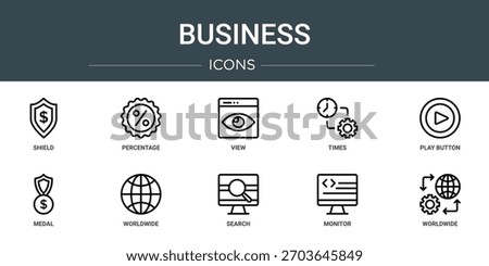 set of 10 outline web business icons such as shield, percentage, view, times, play button, medal, worldwide vector icons, sign and symbols