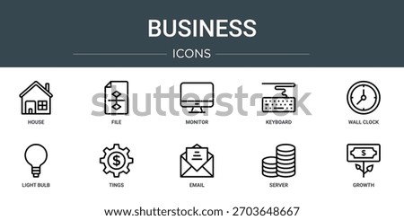 set of 10 outline web business icons such as house, file, monitor, keyboard, wall clock, light bulb, tings vector icons, sign and symbols
