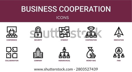 Set of 10 outline web Business Cooperation icons such as find, money bag, hierarchical, company, collaboration, innovation, Cooperation vector icons for report, presentation, diagram, web design,