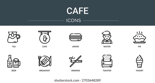 Conjunto de 10 iconos de la cafetería del Web del esquema tales como té, café, aroon, camarero, tarta, cerveza, iconos del vector del desayuno, signo y símbolos