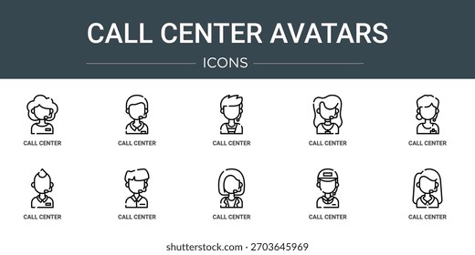 conjunto de 10 ícones de avatares de centro de chamadas da web de estrutura de tópicos, como call center, call center, ícones de vetor, sinais e símbolos