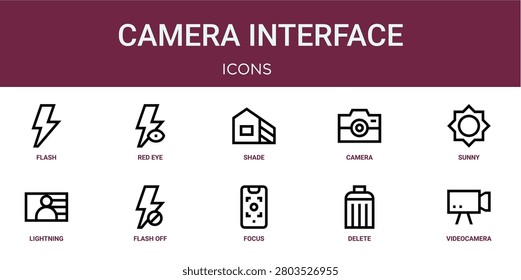 Set of 10 outline web Camera Interface icons such as videocamera, delete, focus, flash off, lightning, sunny, camera vector icons for report, presentation, diagram, web design, mobile app