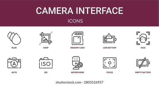 Set of 10 outline web Camera Interface icons such as empty battery, focus, microphone, iso, auto, face recognition, low battery vector icons for report, presentation, diagram, web design, mobile app