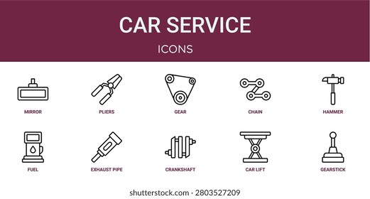 Set of 10 outline web Car Service icons such as gearstick, car lift, crankshaft, exhaust pipe, fuel, hammer, chain vector icons for report, presentation, diagram, web design, mobile app