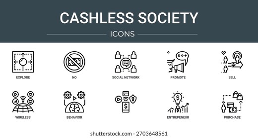 Conjunto de 10 iconos de la sociedad sin efectivo del Web del esquema tales como Explore, no, red social, promocionar, vender, inalámbrico, iconos del vector de la conducta, signo y símbolos