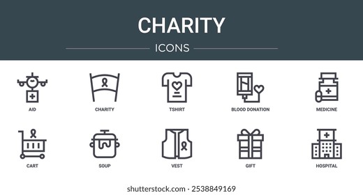 set of 10 outline web charity icons such as aid, charity, tshirt, blood donation, medicine, cart, soup vector icons for report, presentation, diagram, web design, mobile app