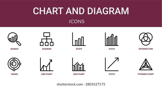 Set of 10 outline web Chart and Diagram icons such as pyramid chart, stats, bar chart, line chart, radar, intersection, stats vector icons for report, presentation, diagram, web design, mobile app