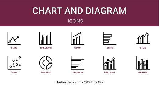 Set of 10 outline web Chart and Diagram icons such as bar chart, bar chart, line graph, pie chart, stats, stats vector icons for report, presentation, diagram, web design, mobile app