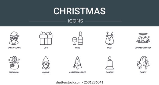 Conjunto de 10 iconos de Navidad de Web de contorno como Papá Noel, regalo, vino, ciervos, pollo cocido, muñeco de nieve, iconos vectoriales de gnomo para informe, presentación, diagrama, Diseño web, App móvil