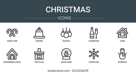 Conjunto de 10 iconos de Web de contorno de Navidad como caña de caramelo, pudín, chucherías, champán, cabina, casa de jengibre, lugar de fuego iconos vectoriales para informe, presentación, diagrama, Diseño web, App móvil