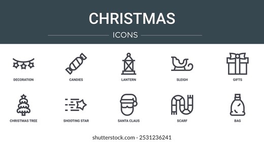 set of 10 outline web christmas icons such as decoration, candies, lantern, sleigh, gifts, christmas tree, shooting star vector icons for report, presentation, diagram, web design, mobile app