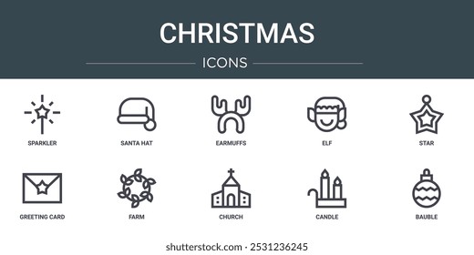 set of 10 outline web christmas icons such as sparkler, santa hat, earmuffs, elf, star, greeting card, farm vector icons for report, presentation, diagram, web design, mobile app