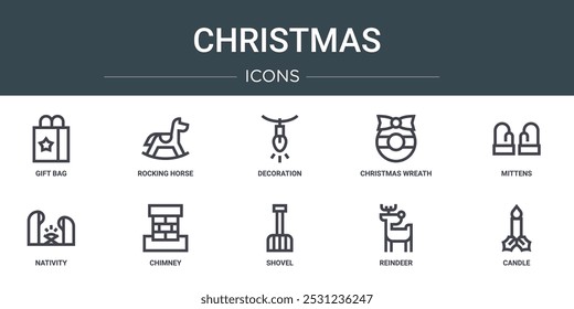 Conjunto de 10 iconos de Navidad de Web de contorno como bolso de regalo, caballo mecedor, decoración, corona de Navidad, mitones, natividad, iconos de vectores de chimenea para informe, presentación, diagrama, Diseño web, App móvil