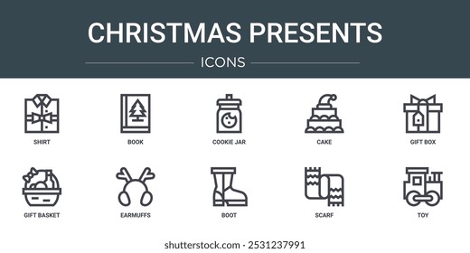 Conjunto de 10 Web de contorno de Navidad presenta iconos como camisa, libro, tarro de galletas, pastel, caja de regalo, cesta de regalo, orejeras, iconos vectoriales para informe, presentación, diagrama, Diseño web, App móvil