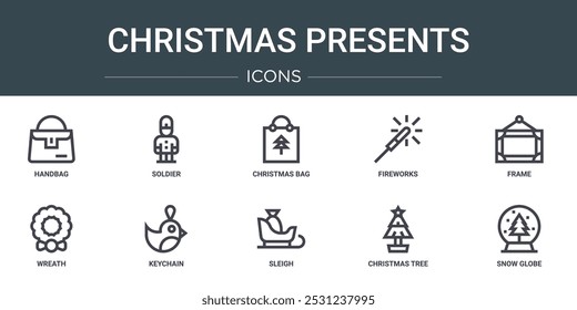 Conjunto de 10 Web de contorno de Navidad presenta iconos como bolso, soldado, bolso de Navidad, fuegos artificiales, marco, corona, llavero, iconos vectoriales para informe, presentación, diagrama, Diseño web, App móvil