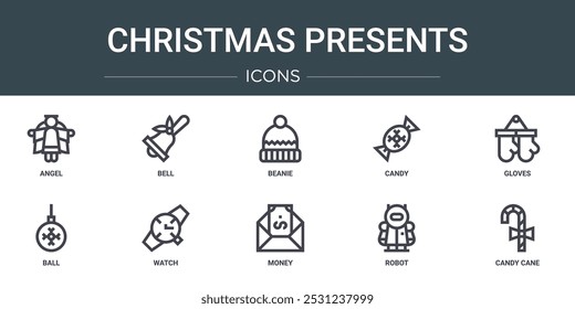 conjunto de 10 esboço web natal apresenta ícones como anjo, sino, gorro, doces, luvas, bola, assistir ícones de vetor para relatório, apresentação, diagrama, web design, aplicativo móvel