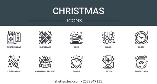 set of 10 outline web christmas icons such as shopping bag, snowflake, sled, balls, clock, celebration, christmas present vector icons for report, presentation, diagram, web design, mobile app